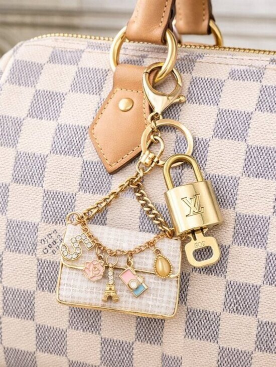Louis Vuitton Accessories - Authentic Louis Vuitton Padlock & Key Gold ✨Unbranded Tweed Bag Charm Keychain